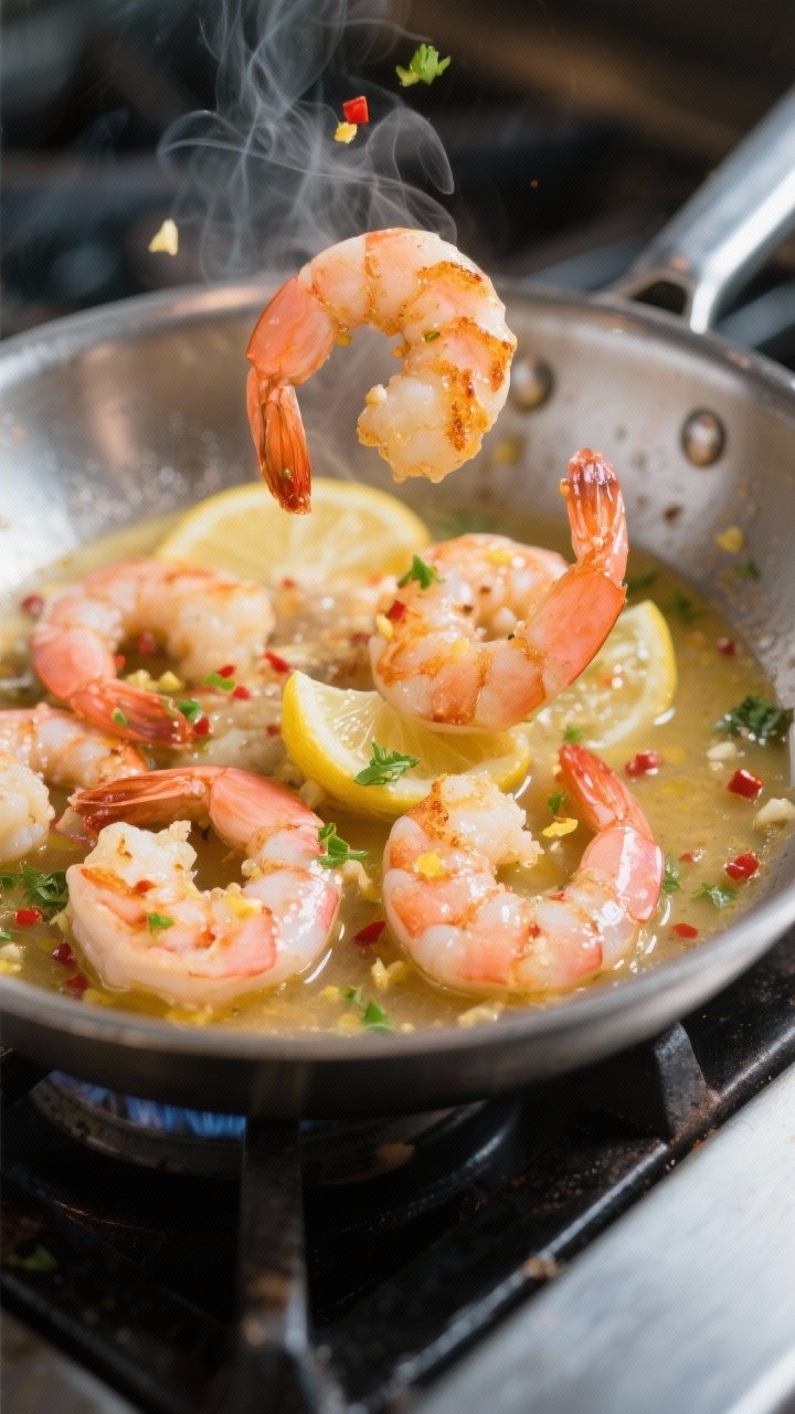 Cooking process, close-up detail: Sizzling lemon-garlic shrimp in a stainless steel skillet mid-toss