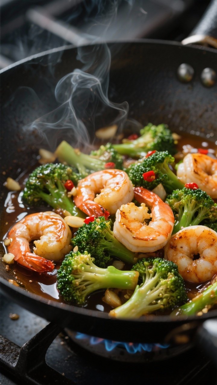 Cooking process, close-up detail: Sizzling shrimp and broccoli stir-fry in a carbon steel wok over m