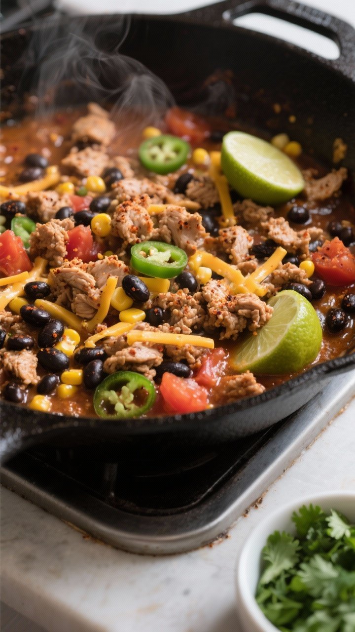 Cooking process, close-up detail: Sizzling turkey taco skillet mid-simmer in a matte black cast-iron