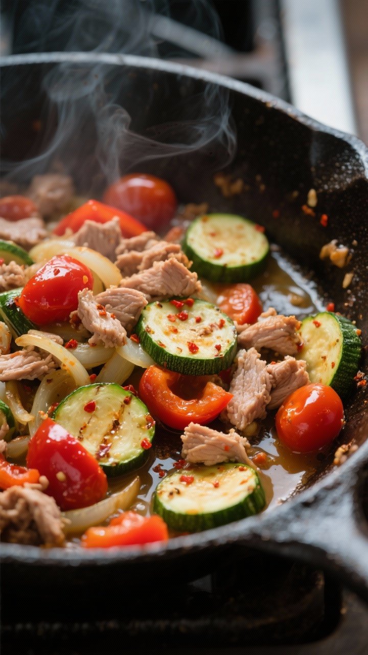 Cooking process, close-up detail: Sizzling turkey zucchini skillet mid-cook in a large cast-iron pan