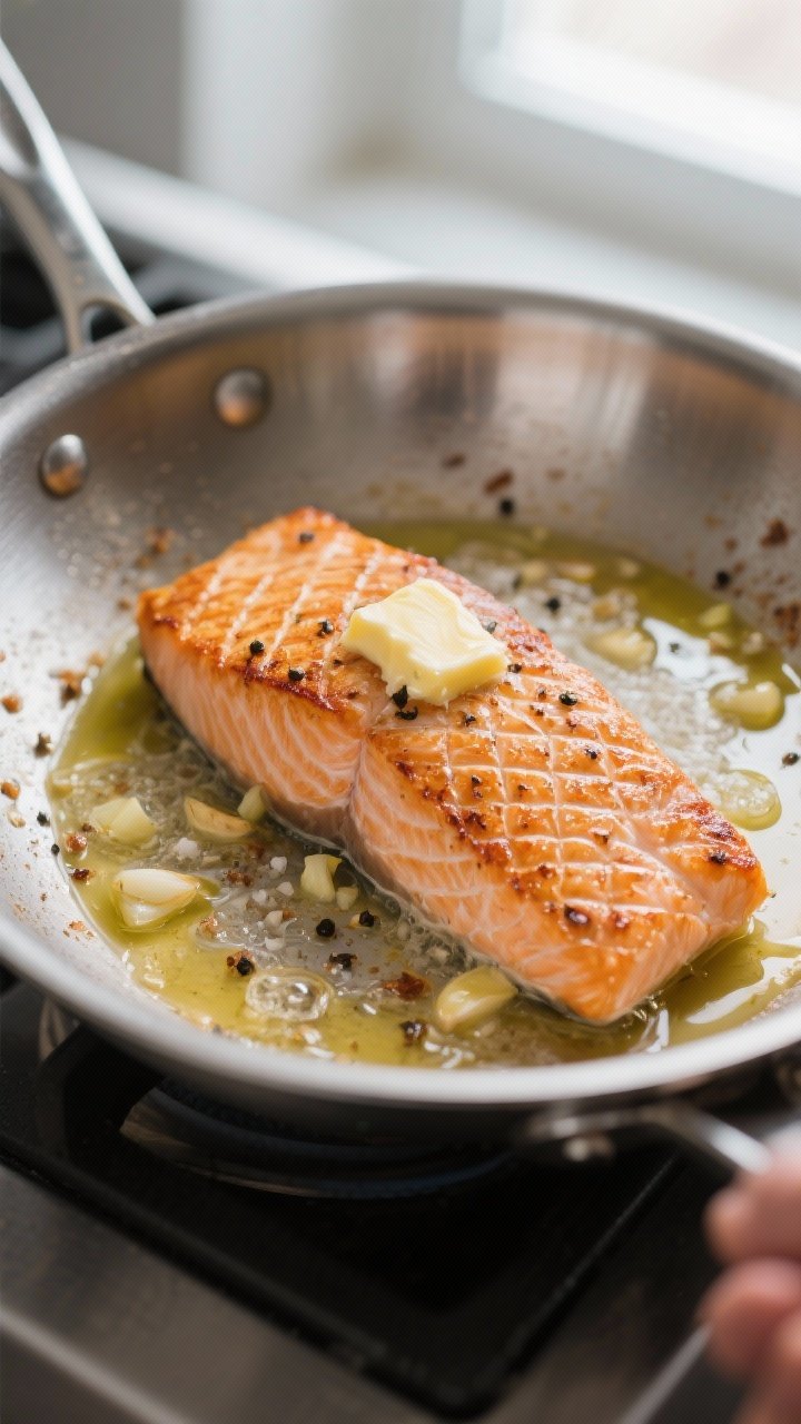 Cooking process, close-up detail: Skin-on salmon fillets searing in a stainless-steel skillet, skin-