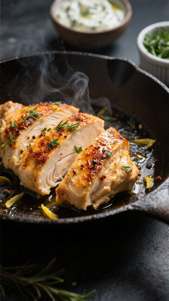 Cooking process, close-up detail: Sliced Greek-marinated chicken searing on a preheated cast-iron sk
