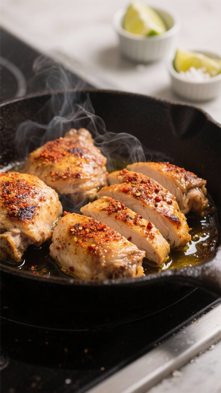 Cooking process, close-up detail: Sliced, juicy chicken thighs searing in a cast-iron skillet, golde