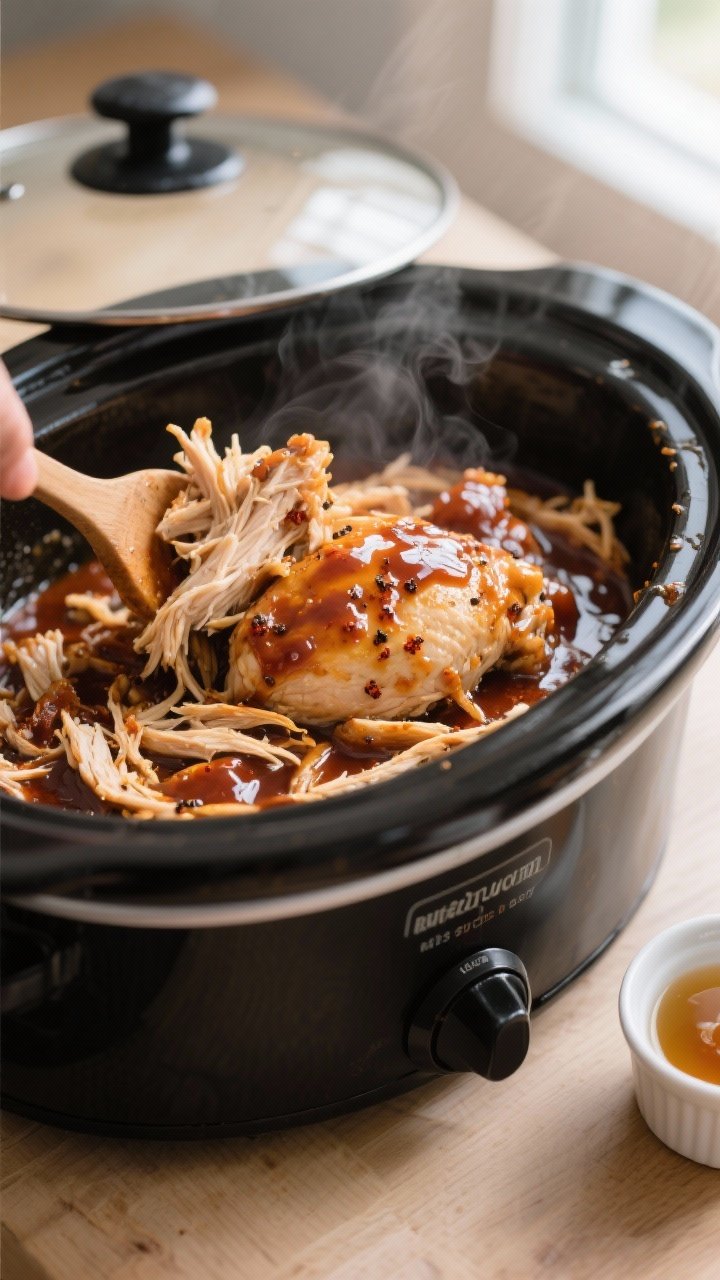 Cooking process, close-up detail: Slow cooker BBQ pulled chicken mid-cook, shredded chicken just ret