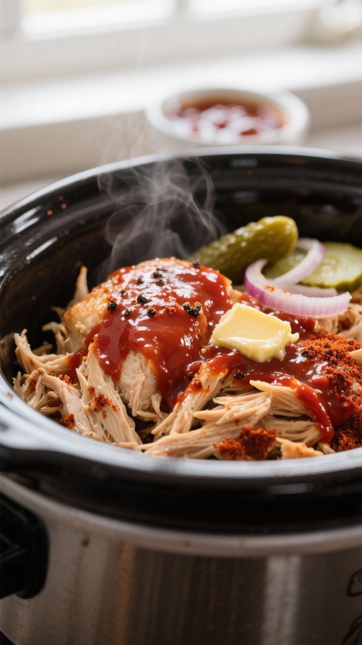 Cooking process, close-up detail: Slow cooker BBQ pulled chicken mid-cook, shredded chicken just ret