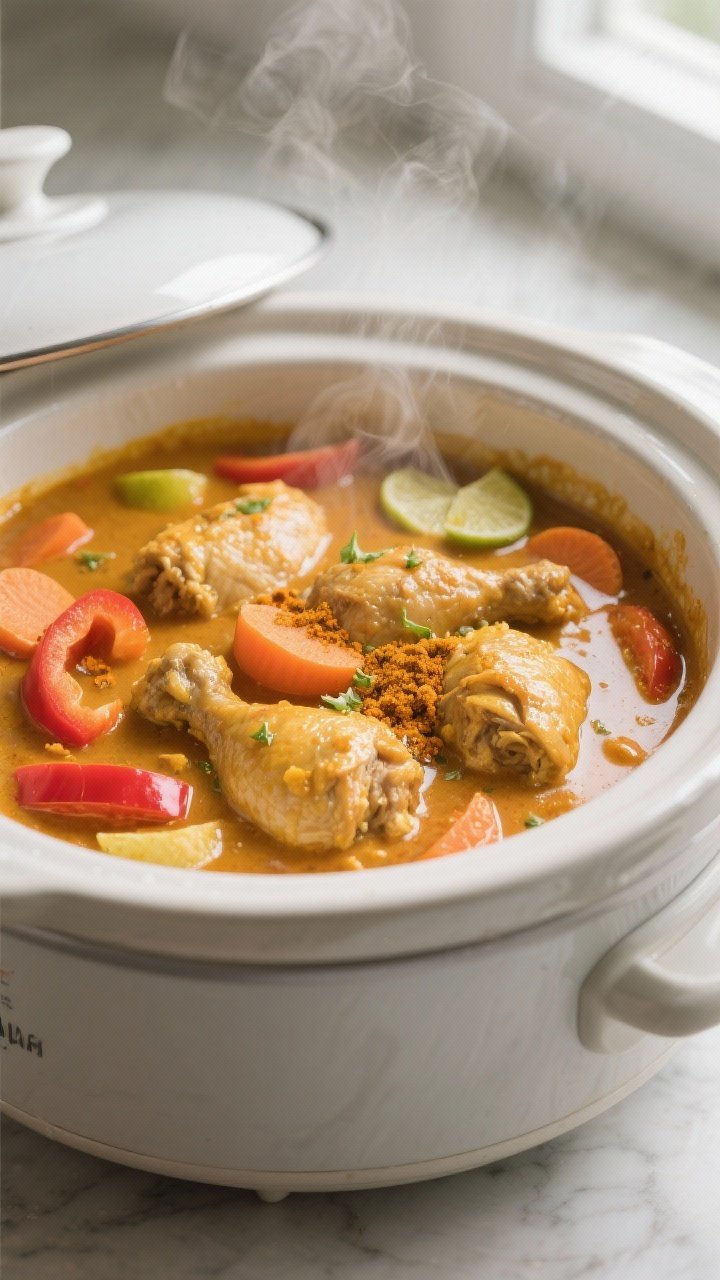 Cooking process, close-up detail: Slow cooker bubbling coconut curry chicken mid-simmer, tender chic
