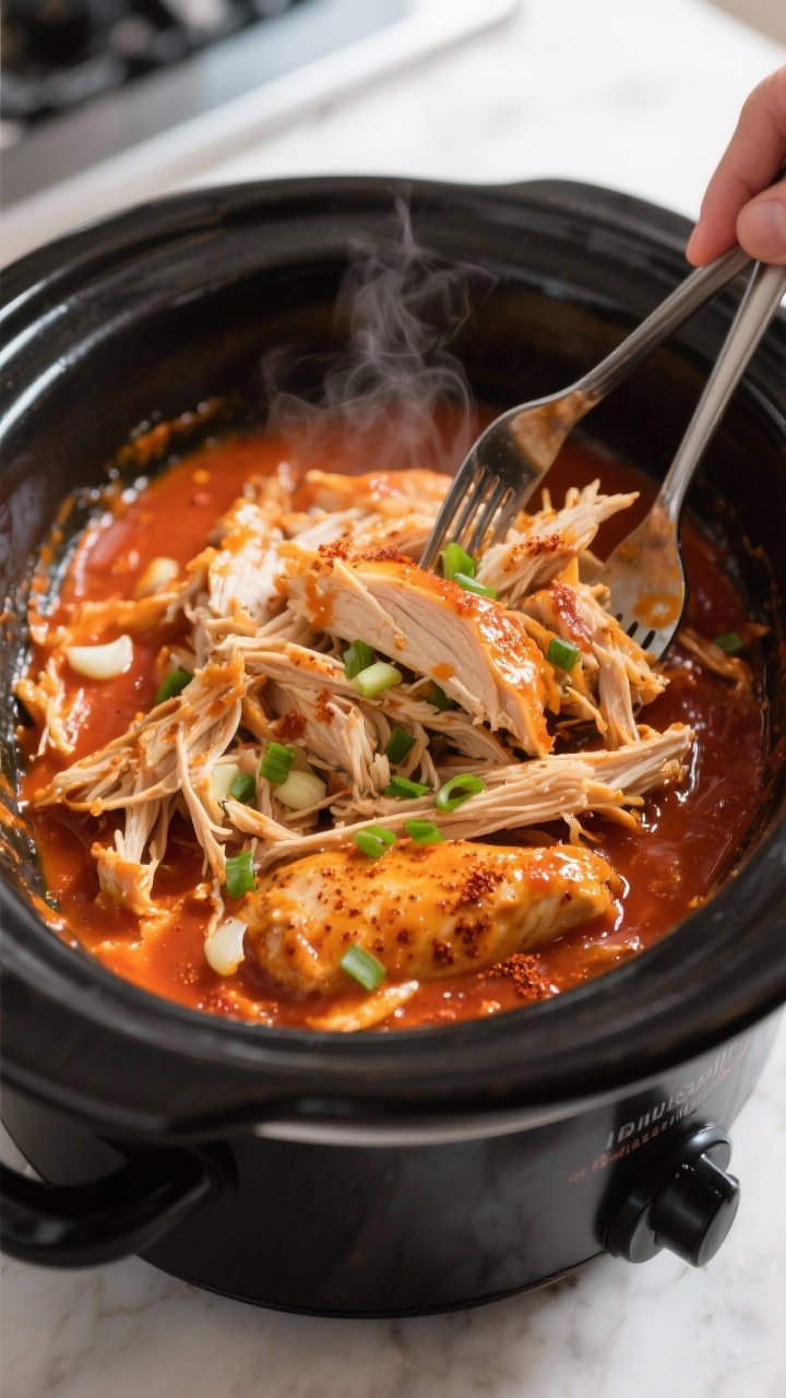 Cooking process, close-up detail: Slow cooker Buffalo chicken breasts just after shredding, glisteni