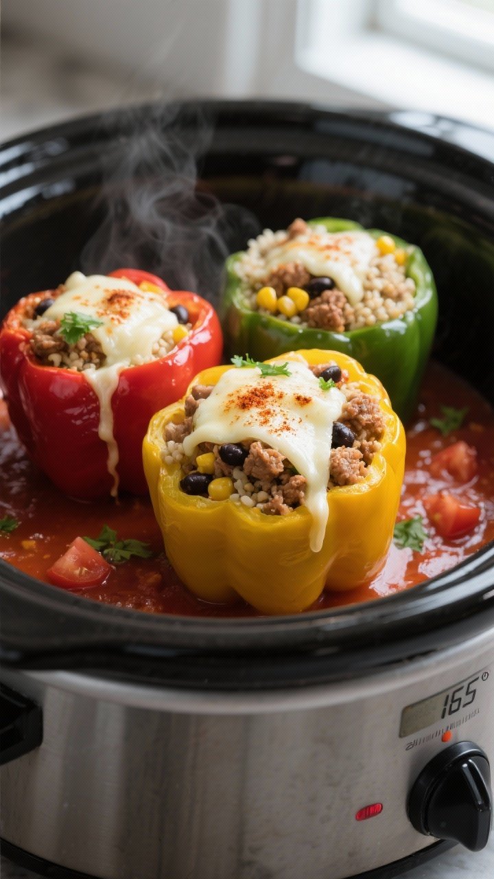 Cooking process, close-up detail: Slow cooker chicken stuffed peppers nestled upright in a slow cook
