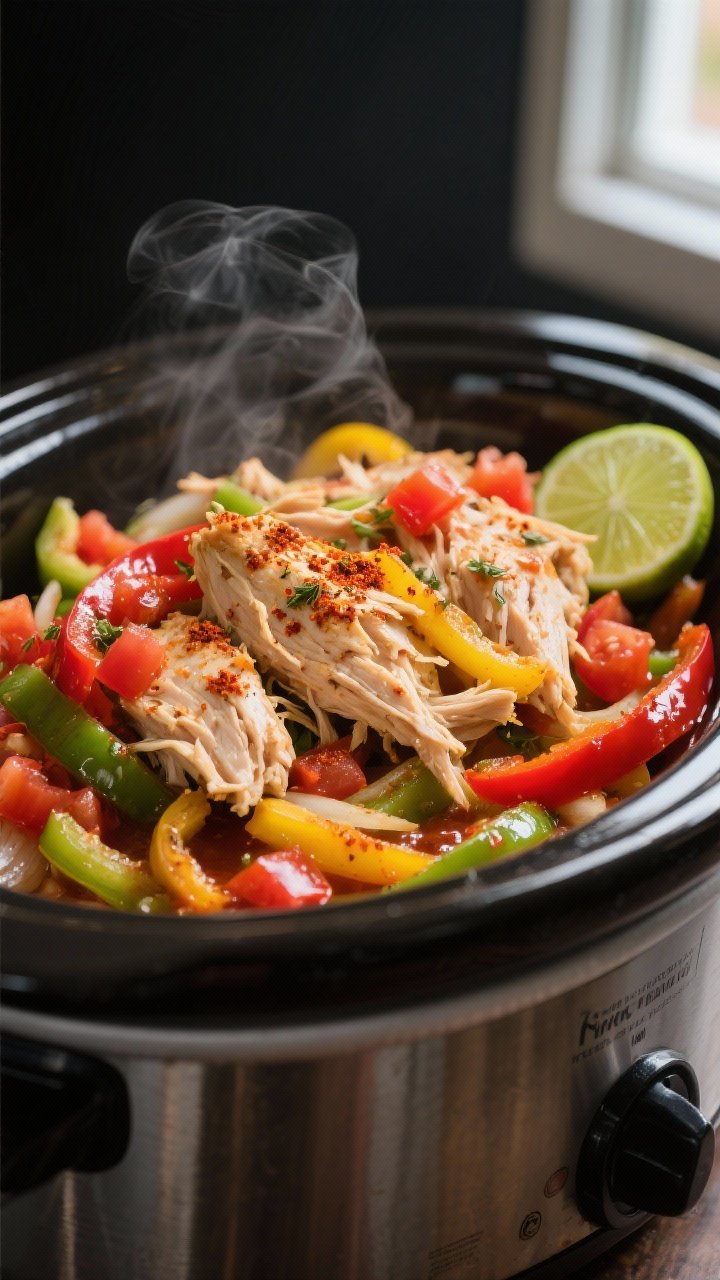 Cooking process, close-up detail: Slow cooker chicken fajitas just after shredding, tender pulled ch