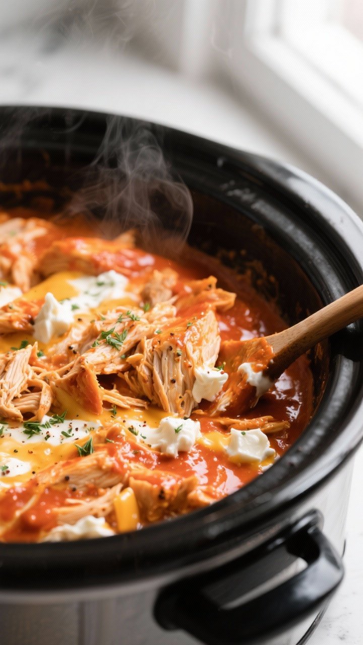 Cooking process, close-up detail: Slow cooker creamy buffalo chicken just after shredding and stirri