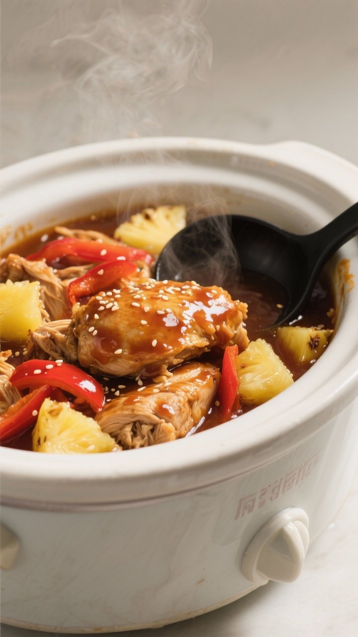 Cooking process, close-up detail: Slow cooker filled with tender shredded chicken thighs simmering i