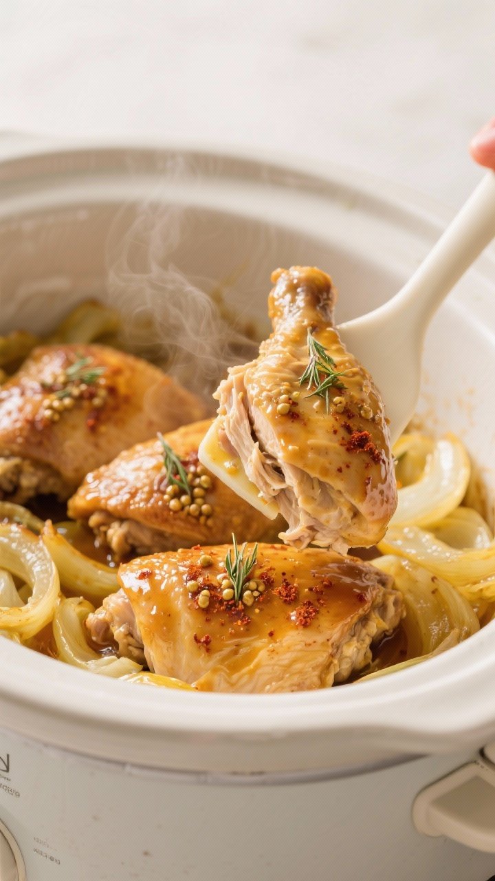 Cooking process, close-up detail: Slow Cooker Honey Mustard Chicken mid-cook inside a ceramic slow c