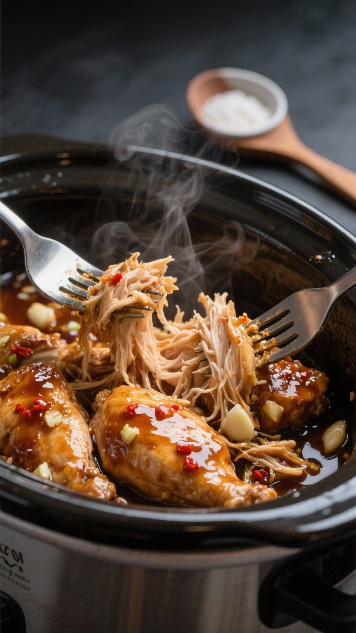 Cooking process, close-up detail: Slow Cooker Honey Garlic Chicken shredding stage — tender cooked