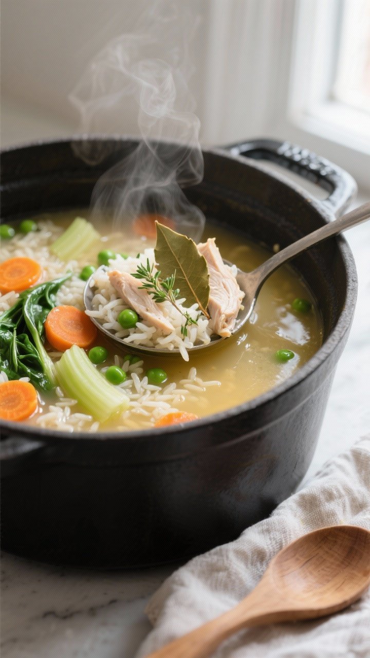 Cooking process, close-up detail: Steam-kissed ladle lifting cooked chicken vegetable rice soup from