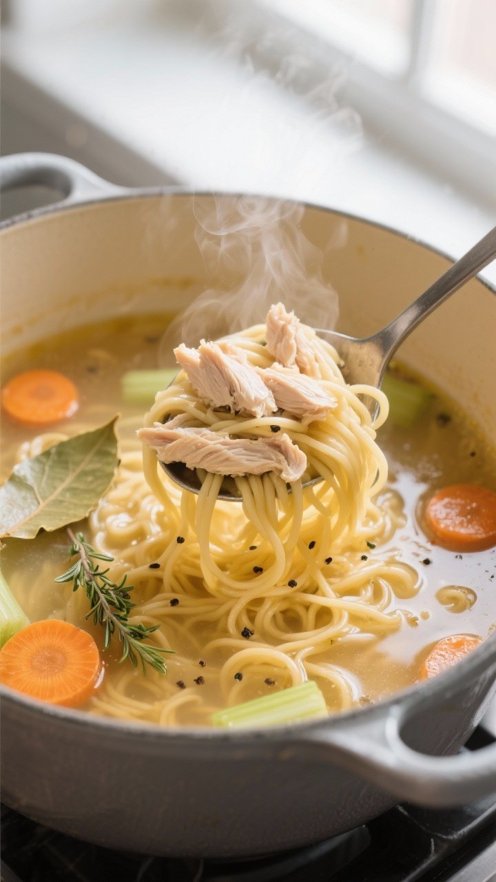 Cooking process, close-up detail: Steam-kissed ladle lifting glossy egg noodles and shredded chicken
