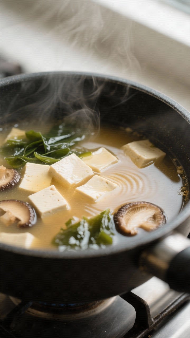 Cooking process, close-up detail: Steam-kissed miso soup just after tempering, with silky miso disso