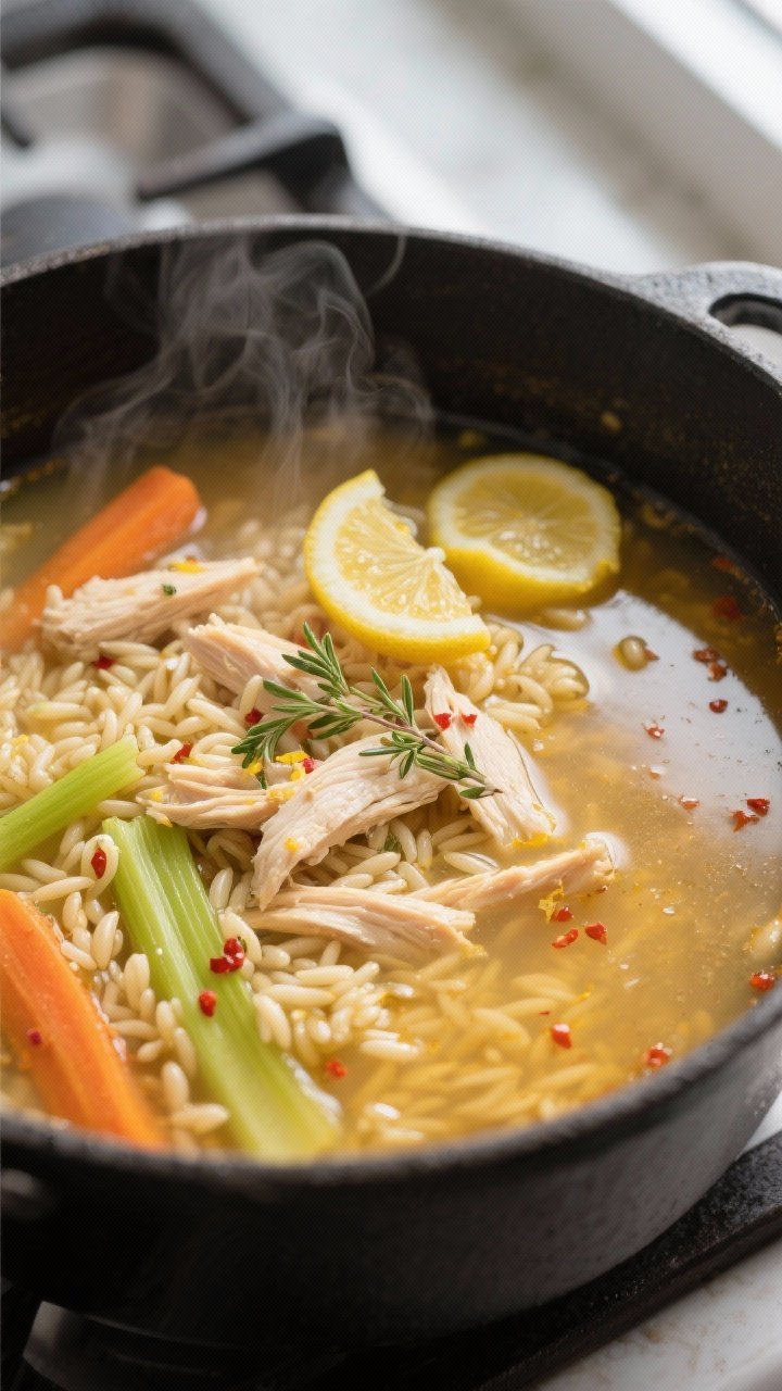 Cooking process, close-up detail: Steam-kissed shot of Lemon Chicken Orzo Soup mid-simmer in a matte