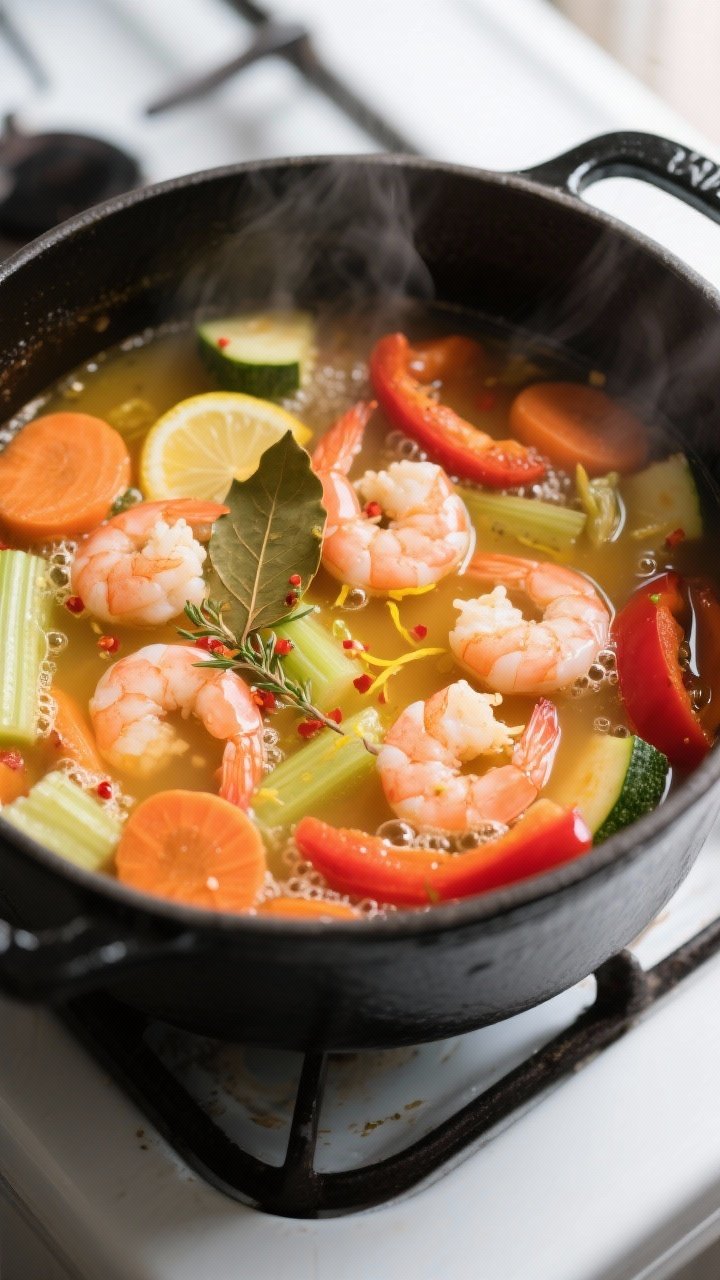 Cooking process, close-up detail: Steaming pot of Easy Shrimp and Vegetable Soup mid-simmer, focusin