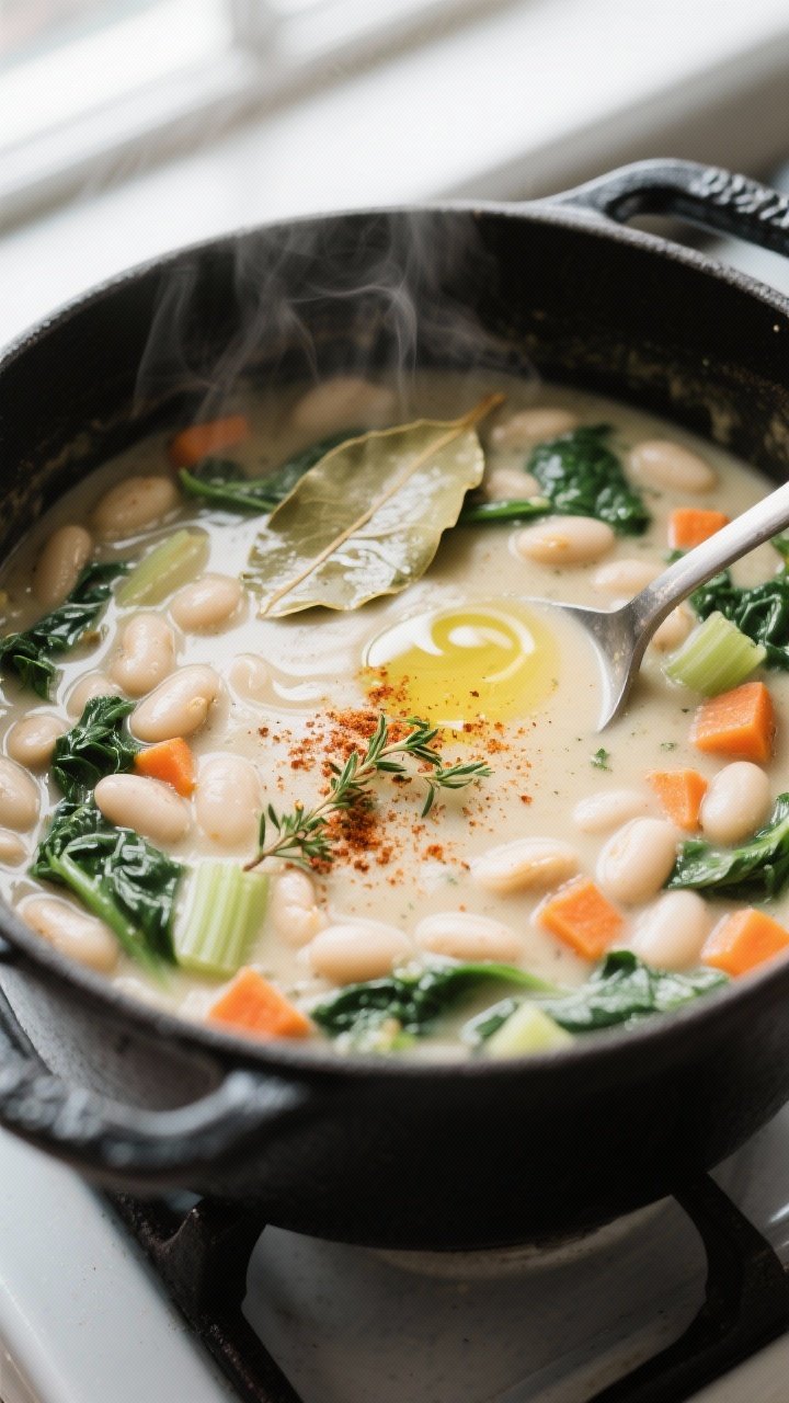 Cooking process, close-up detail: Steaming White Bean Spinach Soup mid-simmer in a matte black Dutch
