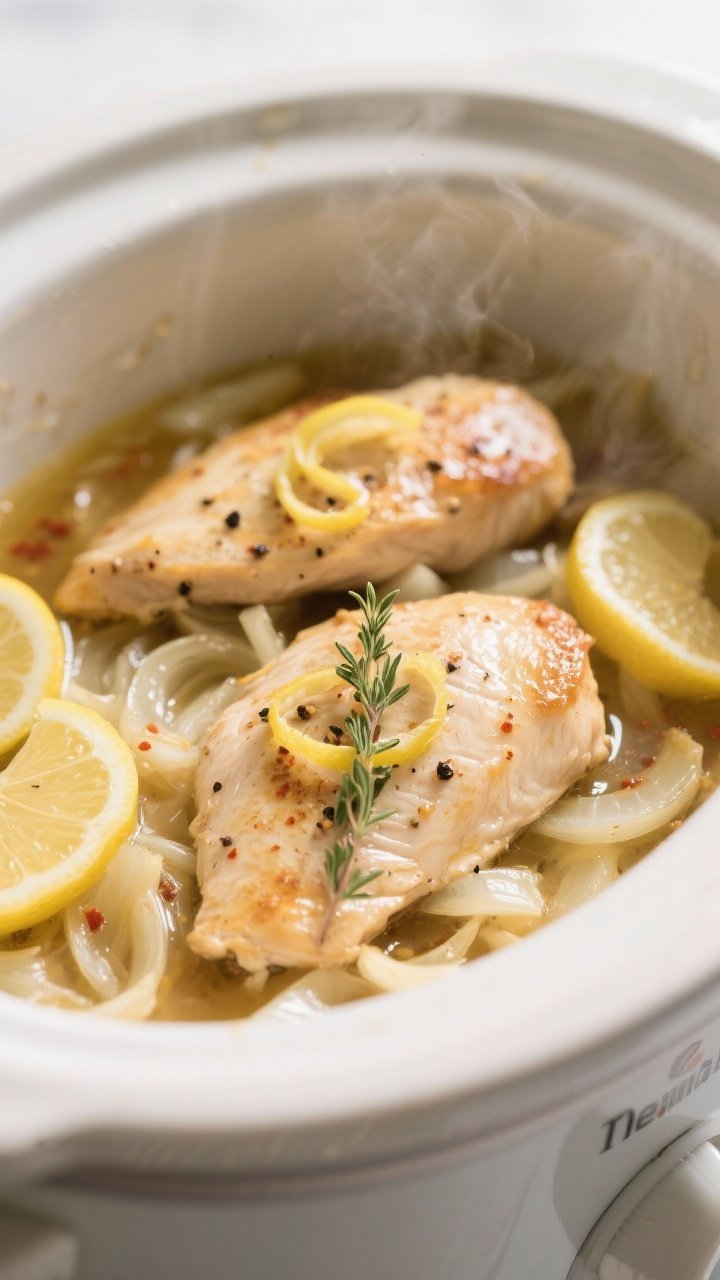 Cooking process, close-up detail: Tender, fully cooked crockpot lemon pepper chicken breasts nestled