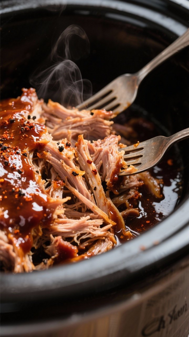 Cooking process, close-up detail: Tender pulled pork just after shredding in a slow cooker, glisteni