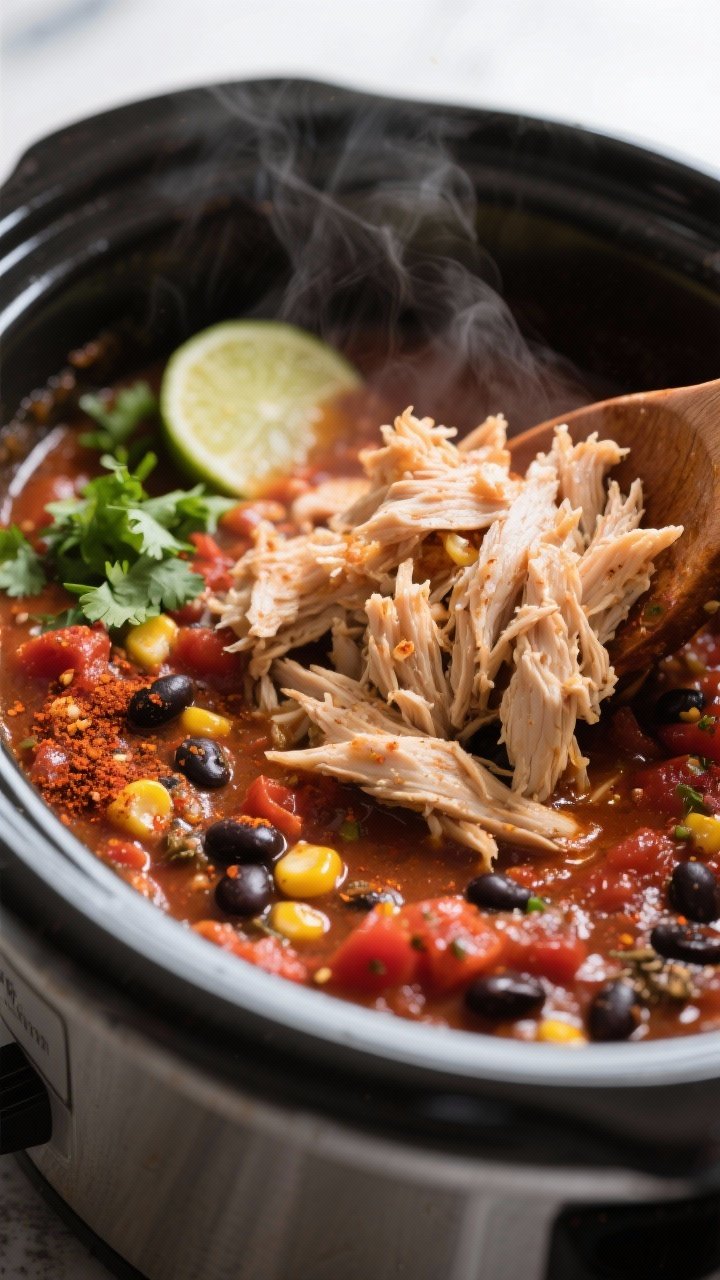 Cooking process, close-up detail: Tender shredded chicken being folded back into a rich, salsa and f