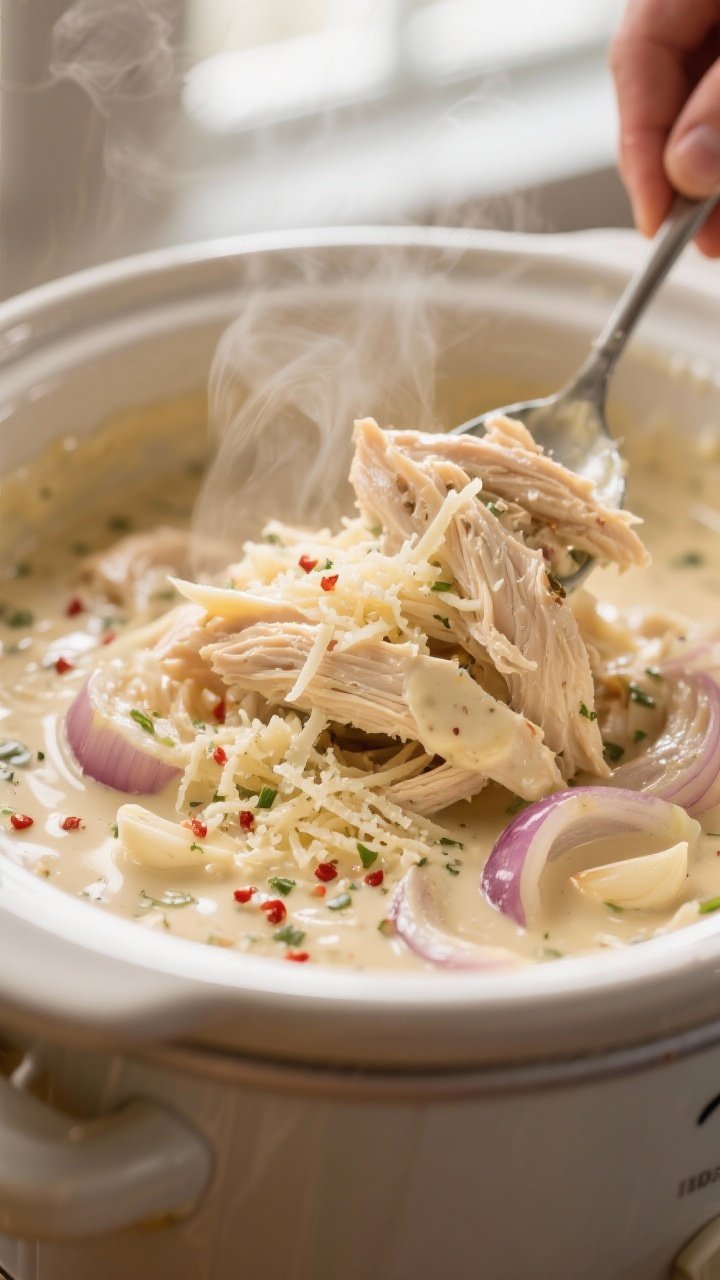 Cooking process, close-up detail: Tender shredded chicken in a slow cooker being folded into a gloss