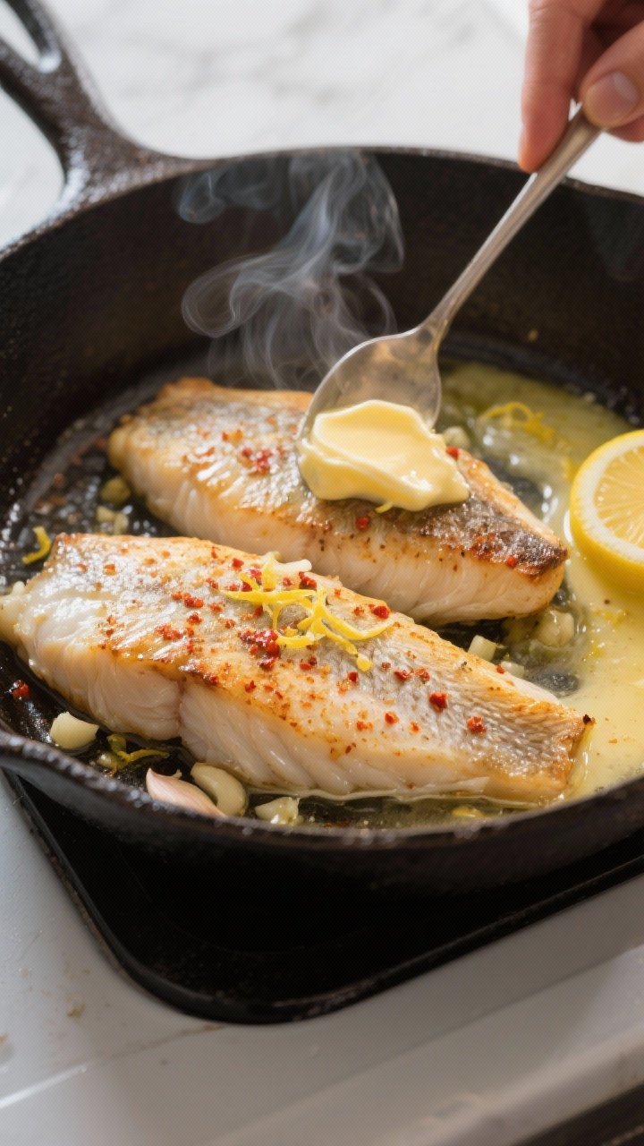 Cooking process, close-up detail: Tilapia fillets mid-sear in a well-seasoned cast-iron skillet, pre