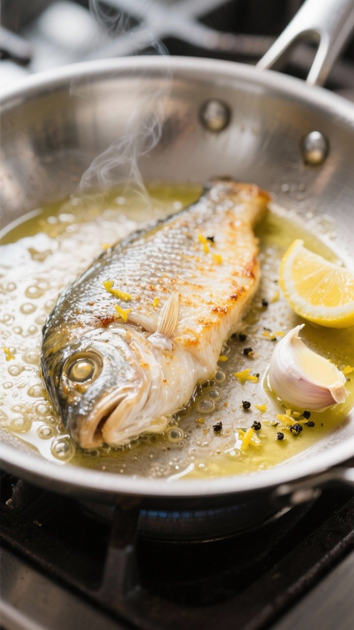 Cooking process, close-up detail: Tilapia fillets sizzling in a stainless-steel skillet, presentatio