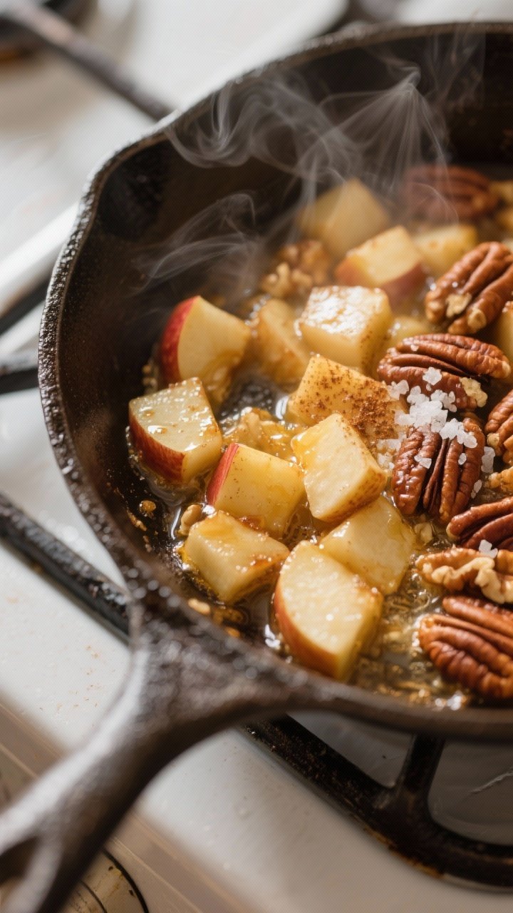 Cooking process close-up: Diced apple pieces sautéing in a small skillet with melted butter and cin