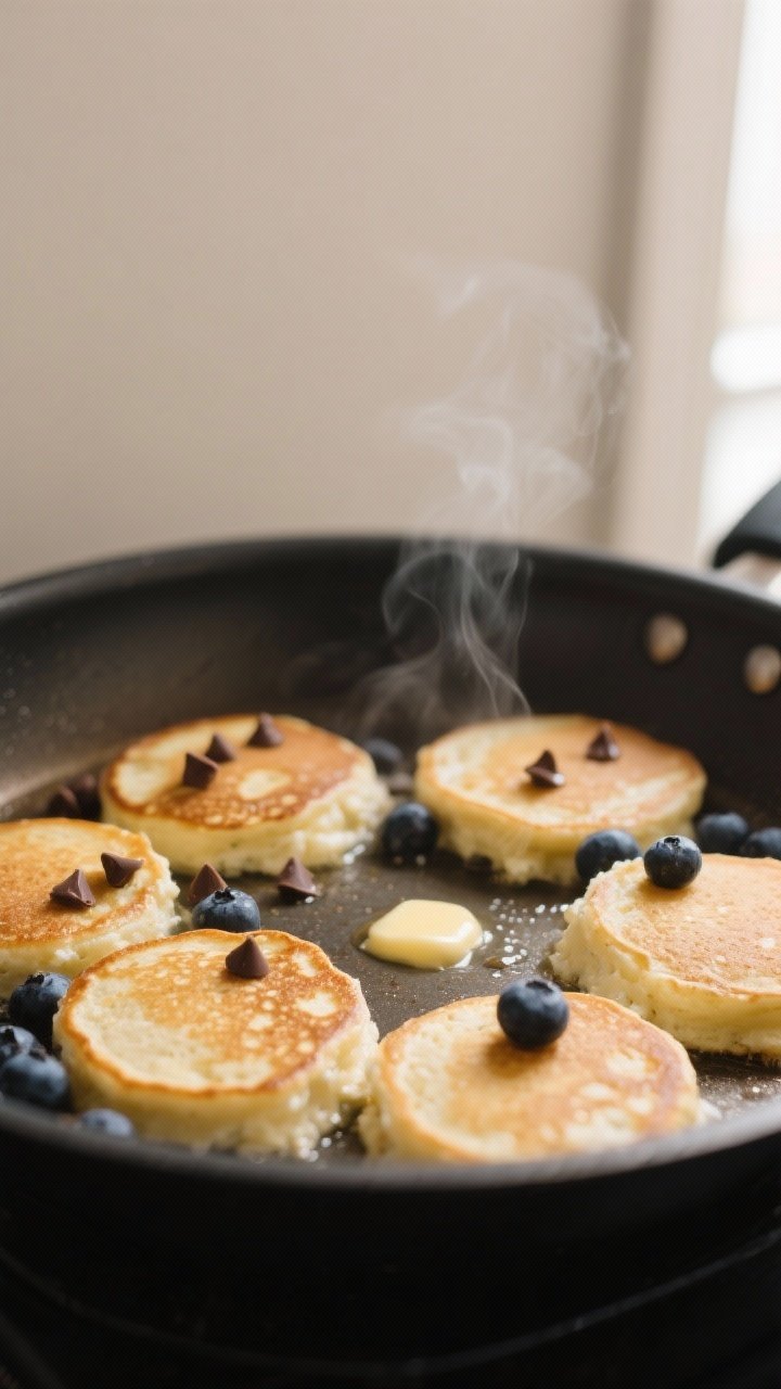 Cooking process close-up: Golden cottage cheese pancakes on a nonstick skillet mid-cook, 1/4-cup rou