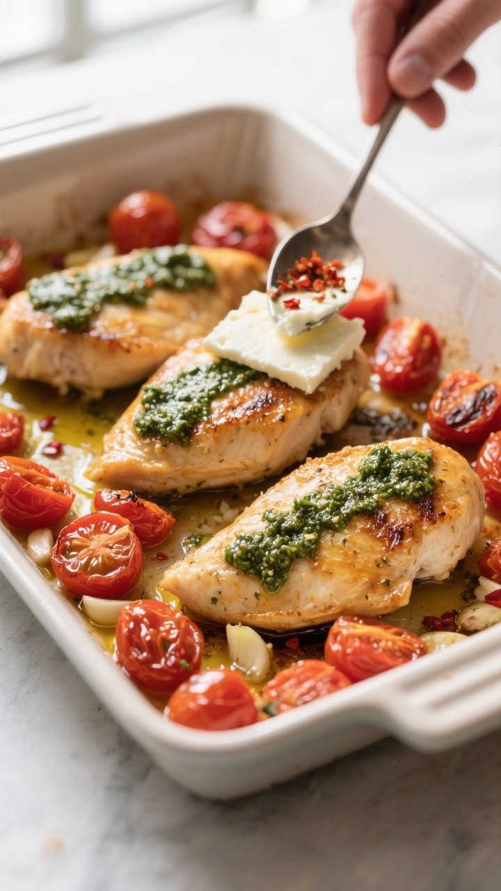 Cooking process close-up: Golden, nearly cooked chicken breasts in a 9x13 baking dish fresh from a 4