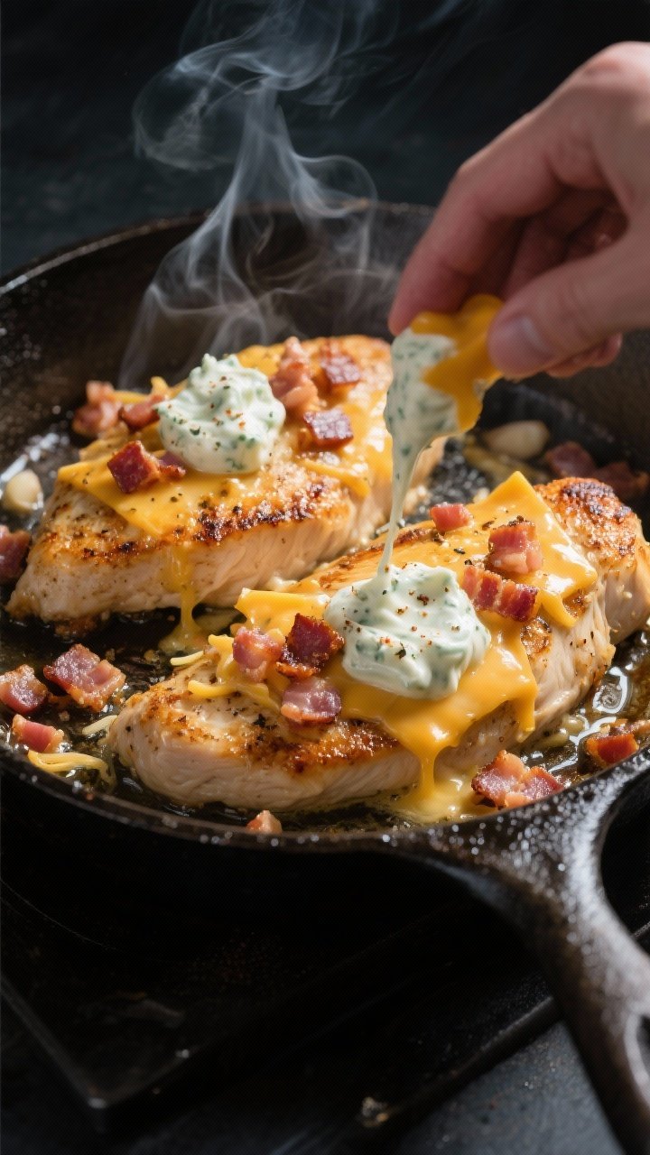 Cooking process close-up: Golden-seared chicken breasts in a cast-iron skillet, lightly crusted from