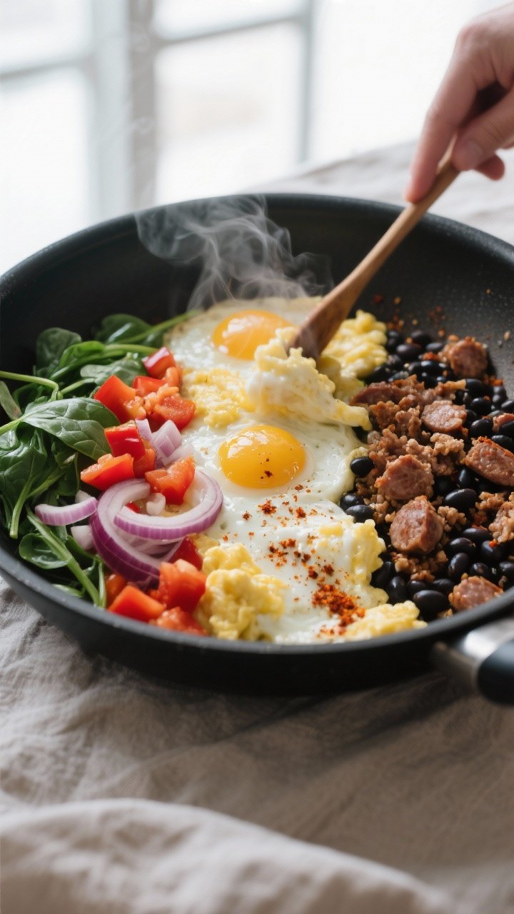 Cooking process close-up: In a large nonstick skillet, a just-set scramble of fluffy eggs and egg wh