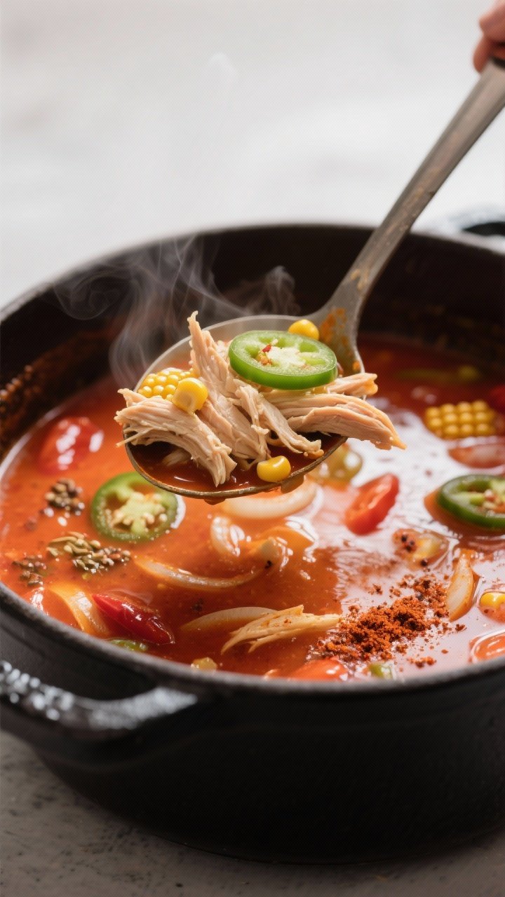 Cooking process close-up: In-pot tortilla soup base simmering, showing glistening tomato-chicken bro