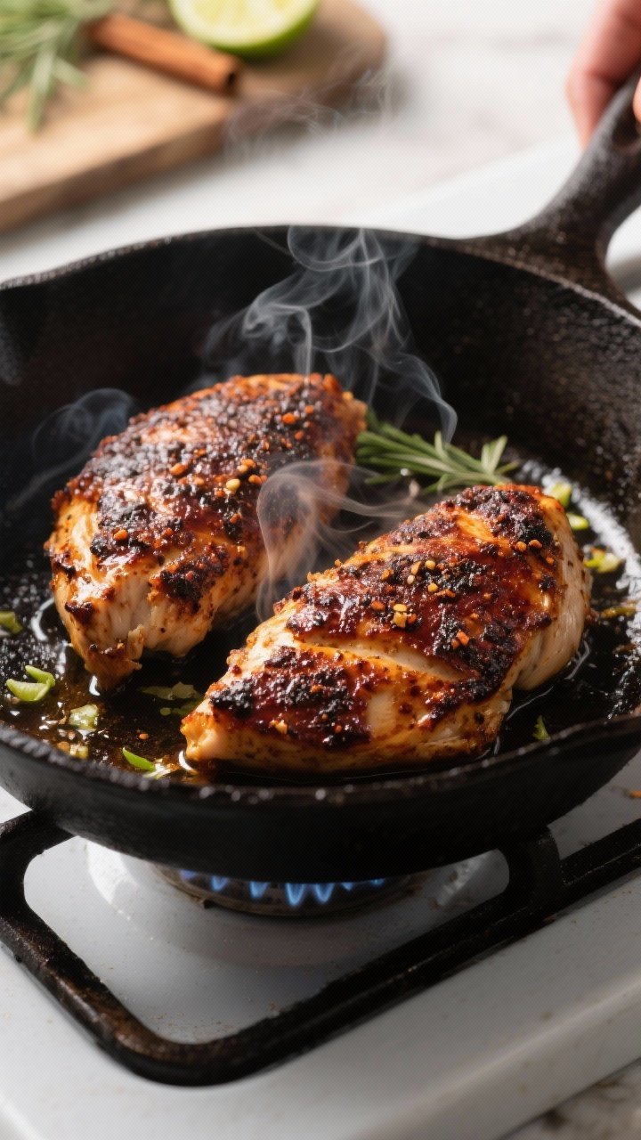 Cooking process close-up: Jerk-marinated chicken breasts sizzling in a cast-iron skillet over medium