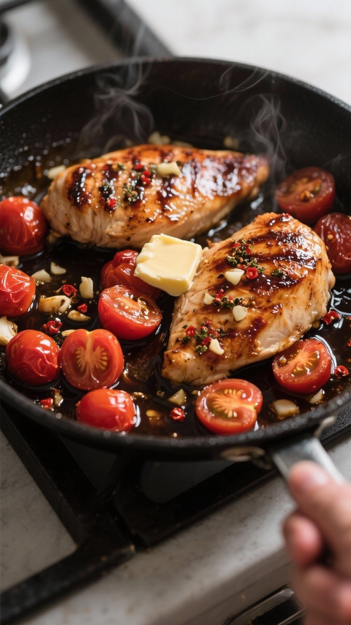 Cooking process close-up: Juicy balsamic chicken breasts nestled in a skillet with burst cherry toma