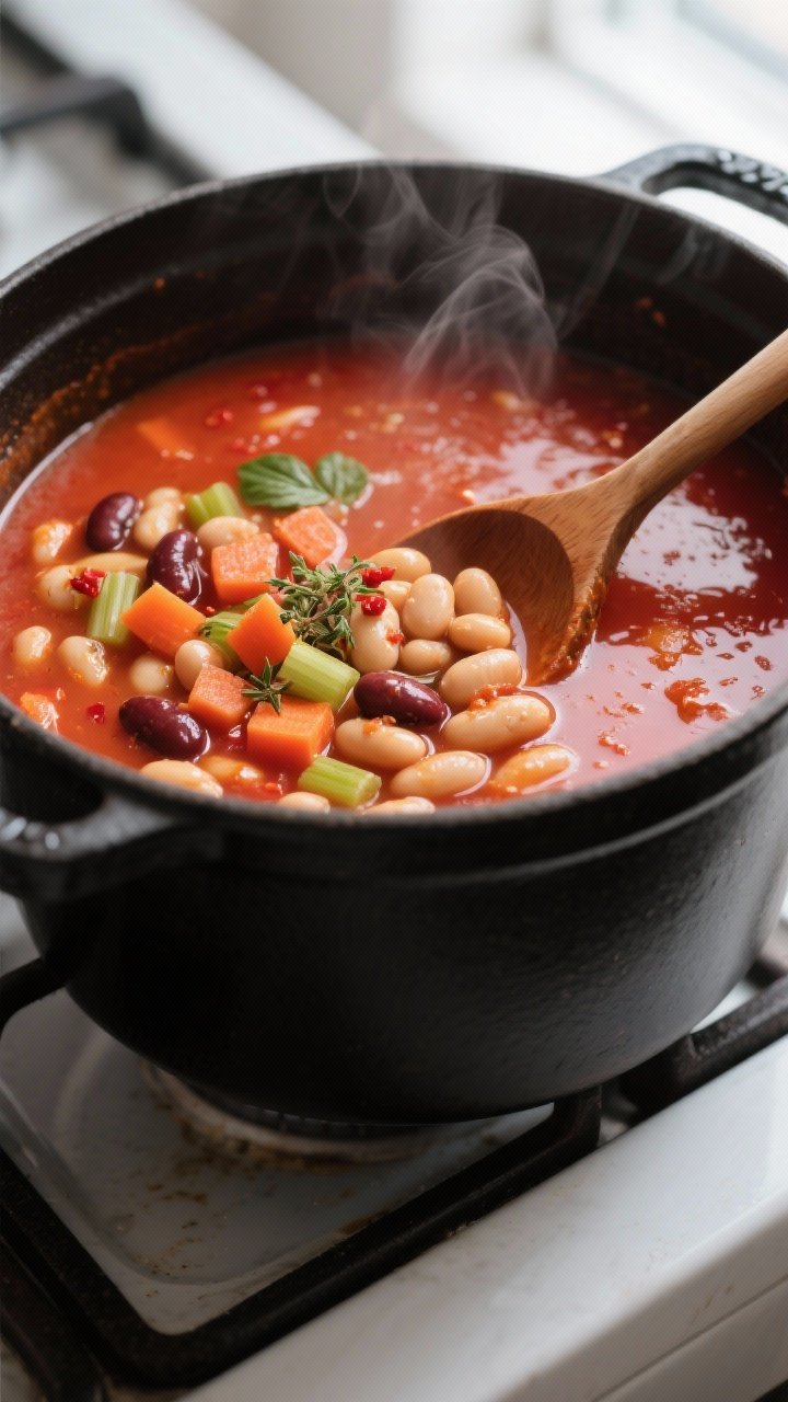 Cooking process – Close-up of simmering Simple Tomato Bean Soup in a wide, matte black Dutch oven: