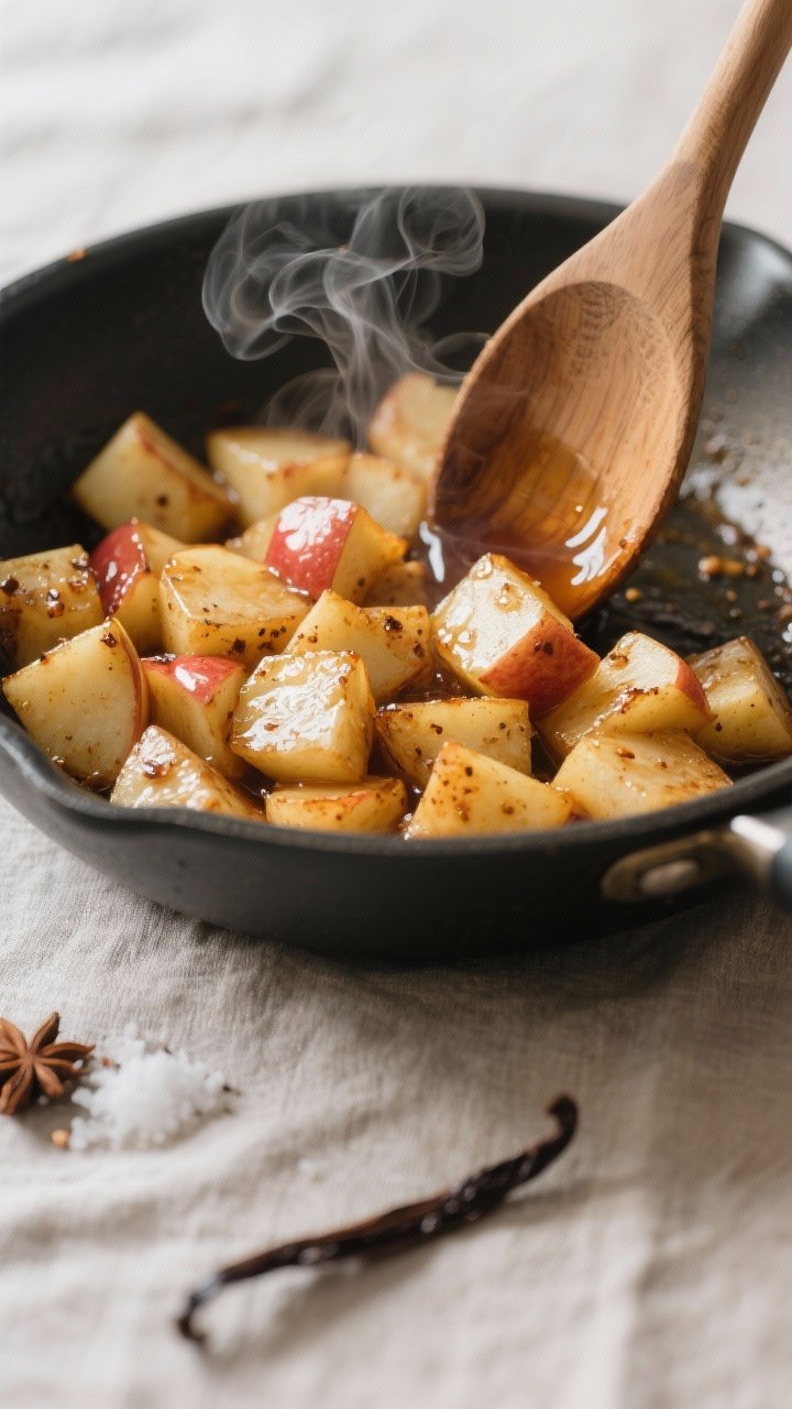 Cooking process close-up: Sautéed apple cubes glistening in a shallow skillet, softened and caramel