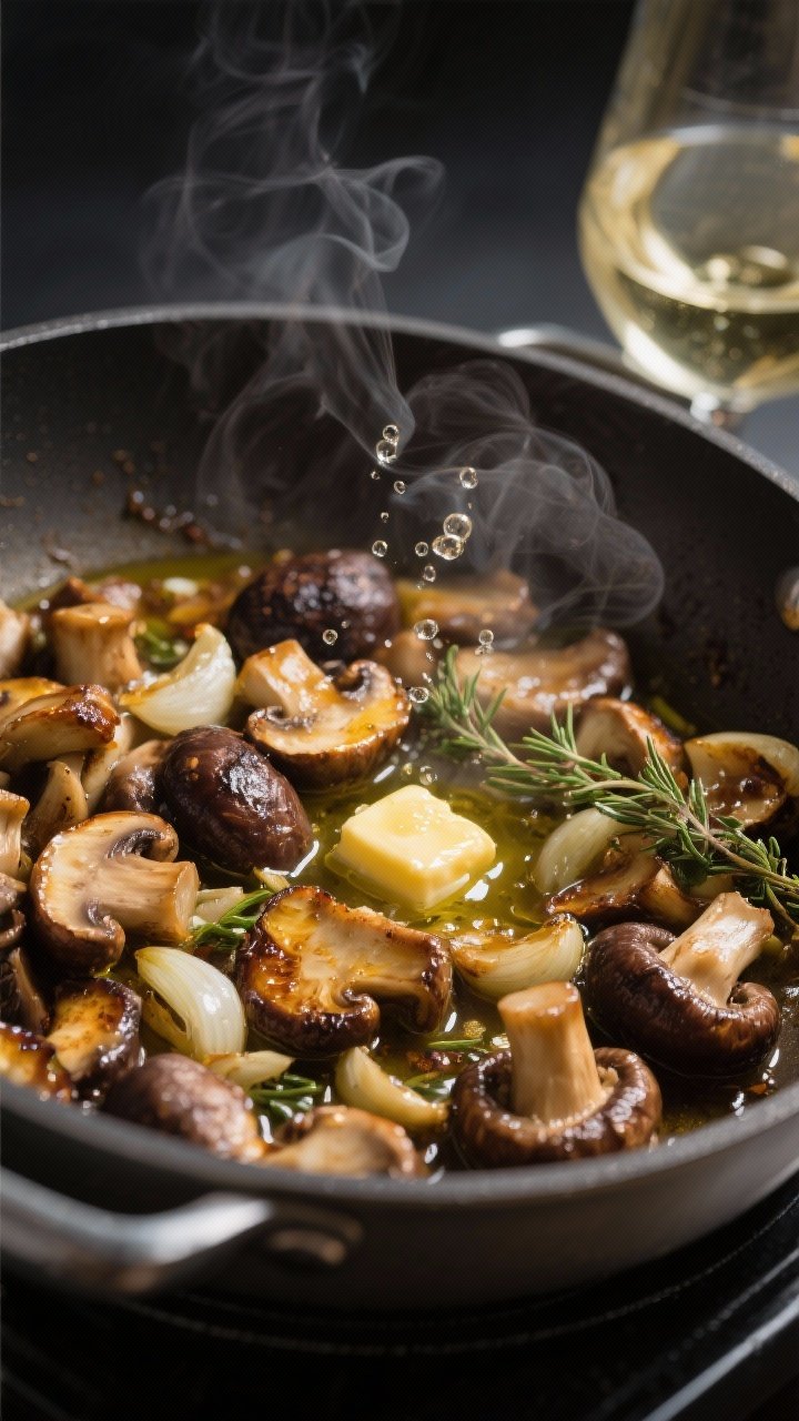 Cooking process close-up: Sautéed mixed mushrooms (cremini, button, and shiitake caps) browning dee