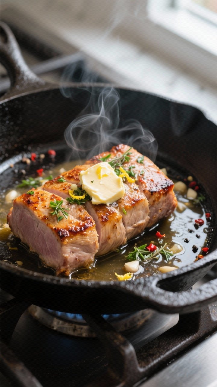 Cooking process close-up: Sear-then-roast pork tenderloin in a black cast-iron skillet, mid-cook tra