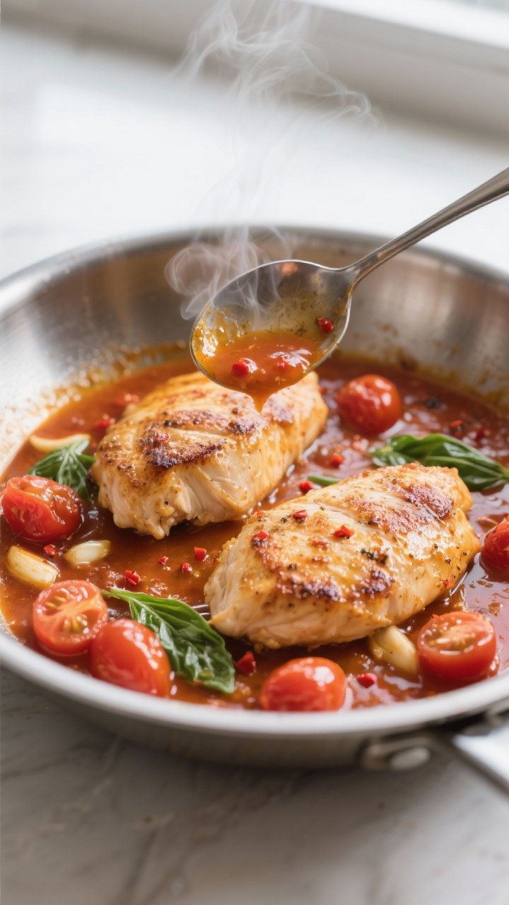 Cooking process close-up: Seared boneless chicken breasts in a wide stainless-steel skillet, golden 
