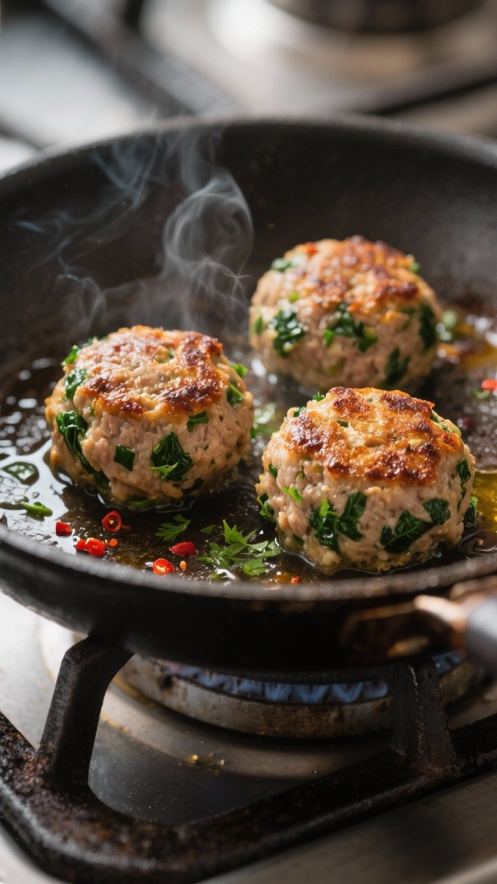 Cooking process close-up: Searing turkey and spinach meatballs in a large skillet, golden-brown crus