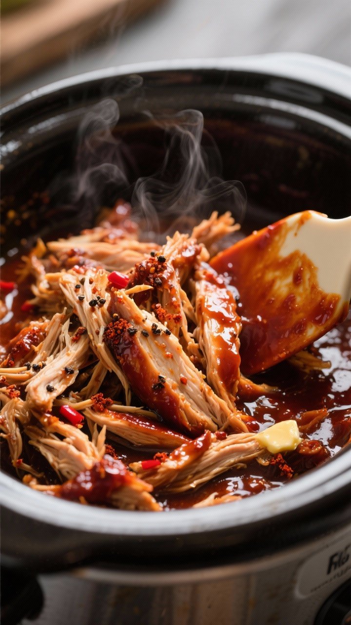 Cooking process close-up: Shredded BBQ pulled chicken in a slow cooker just after cooking low and sl