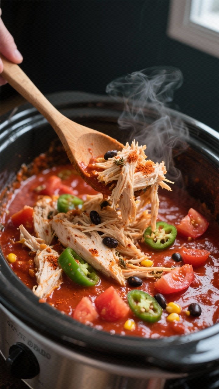 Cooking process close-up: Shredded crockpot chicken being stirred back into a rich red enchilada sau