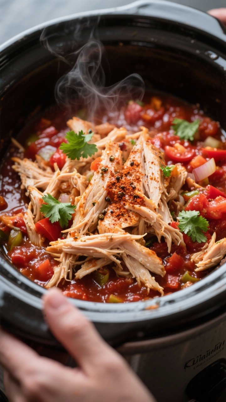 Cooking process close-up: Shredded crockpot salsa chicken being returned to the slow cooker, glisten