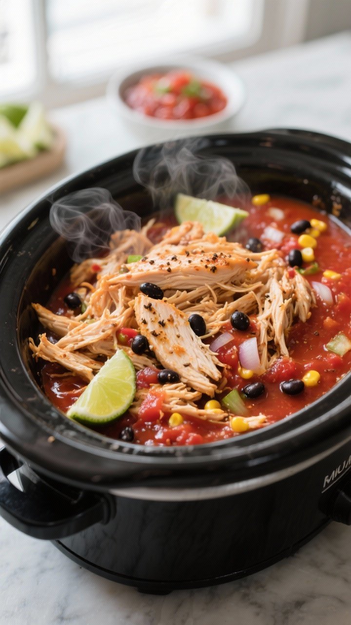 Cooking process close-up: Shredded Crockpot Salsa Chicken just returned to the slow cooker and tosse