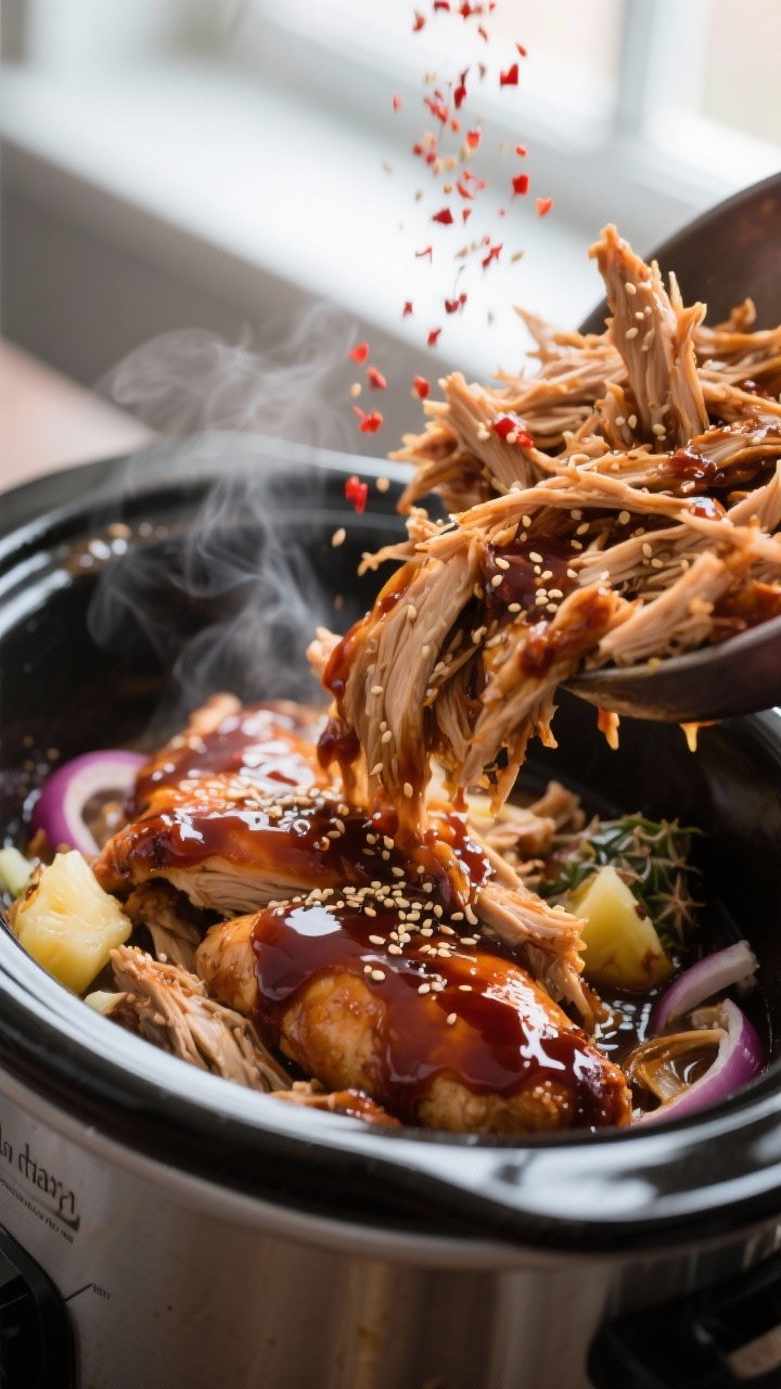 Cooking process close-up: Shredded crockpot teriyaki chicken being tossed back into the slow cooker