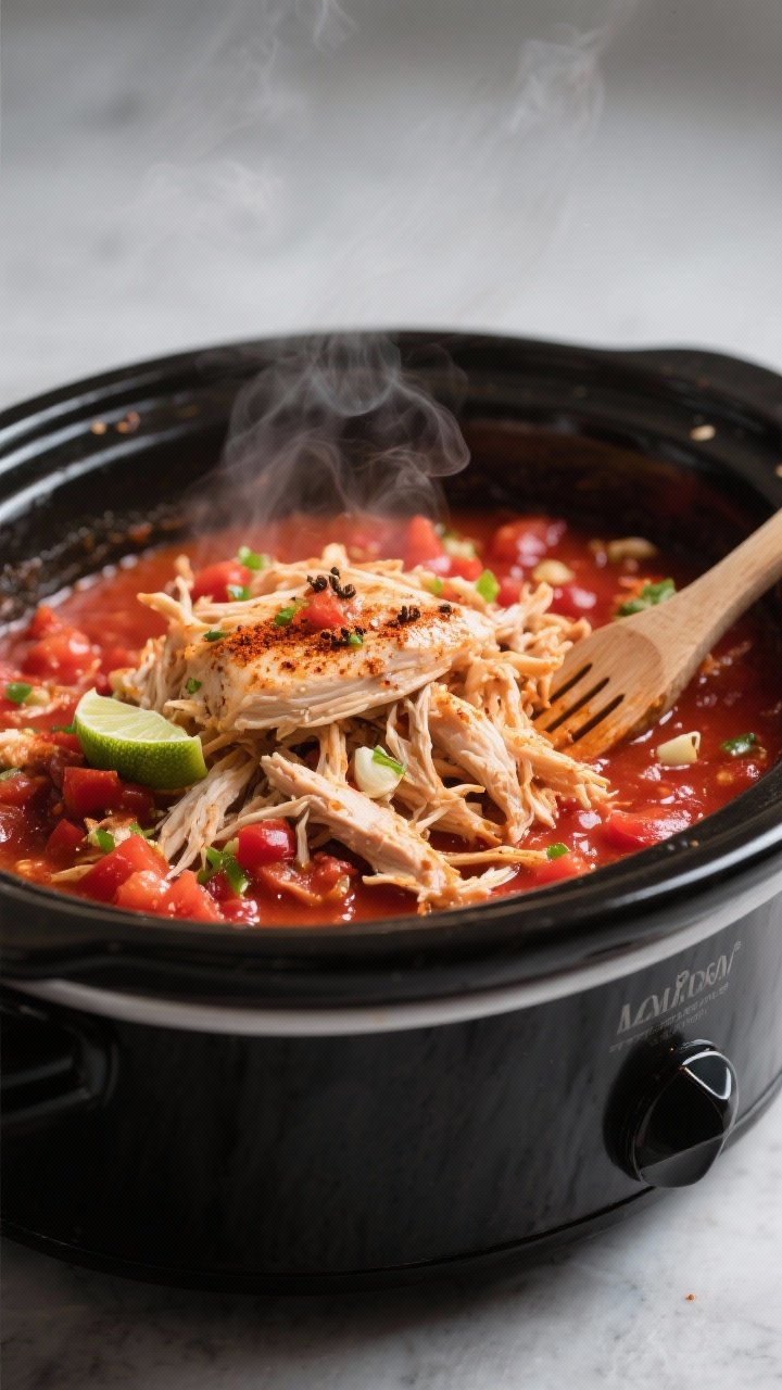 Cooking process close-up: Shredded salsa chicken just after pulling, glistening strands of tender, j