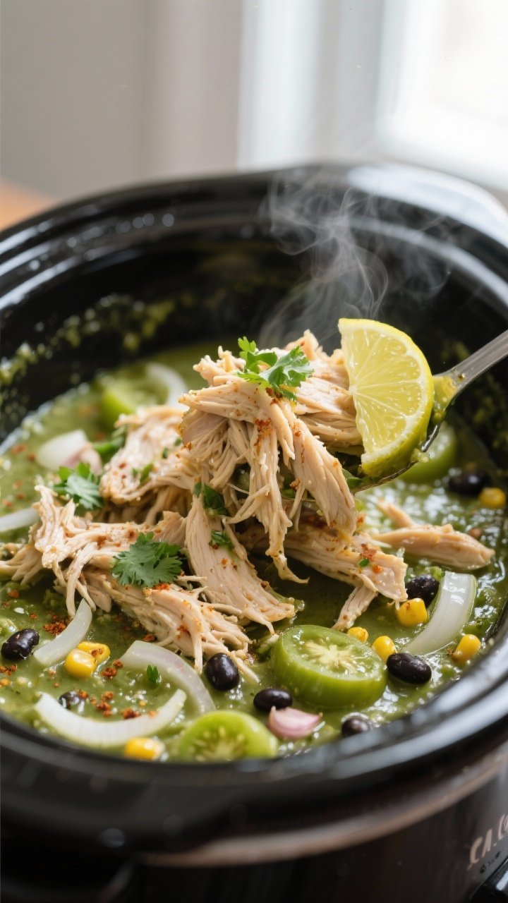 Cooking process close-up: Shredded salsa verde chicken just pulled from the slow cooker, steaming an